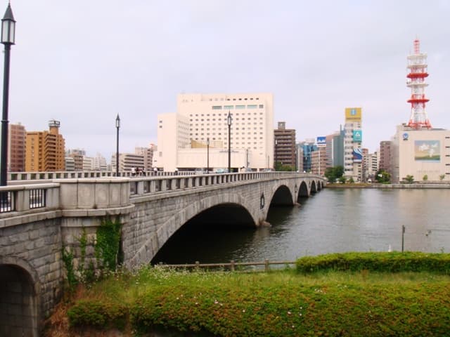 万代桥：万代桥：Wikimedia Commons 文件「Bandai Bridge, Niigata, Japan 001.JPG」中的桥梁实景。