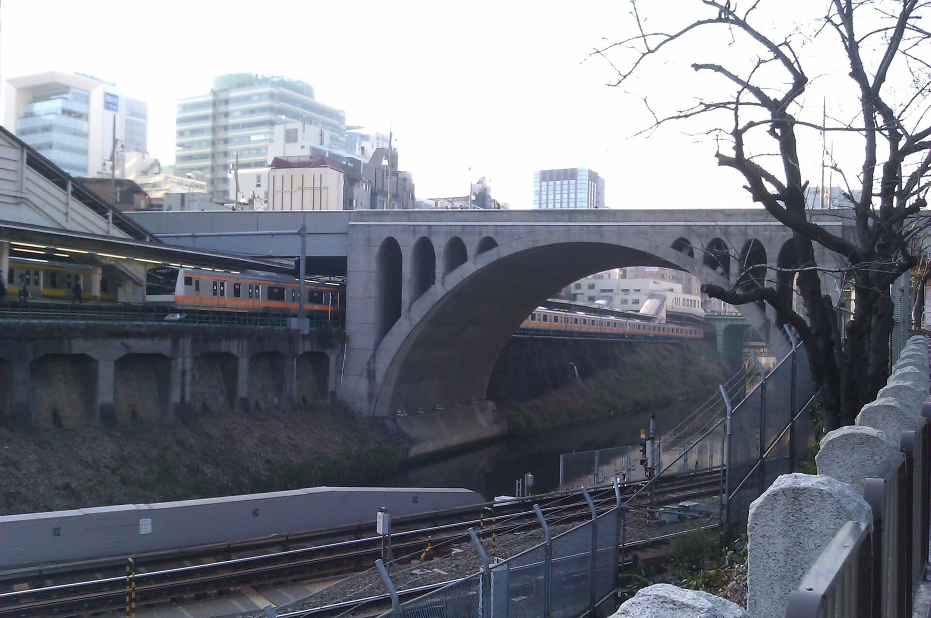 圣桥：圣桥：Wikimedia Commons 文件「聖橋と御茶ノ水駅(Hijiri bridge and Ochanomizu station) - panoramio.jpg」中的桥梁实景。
