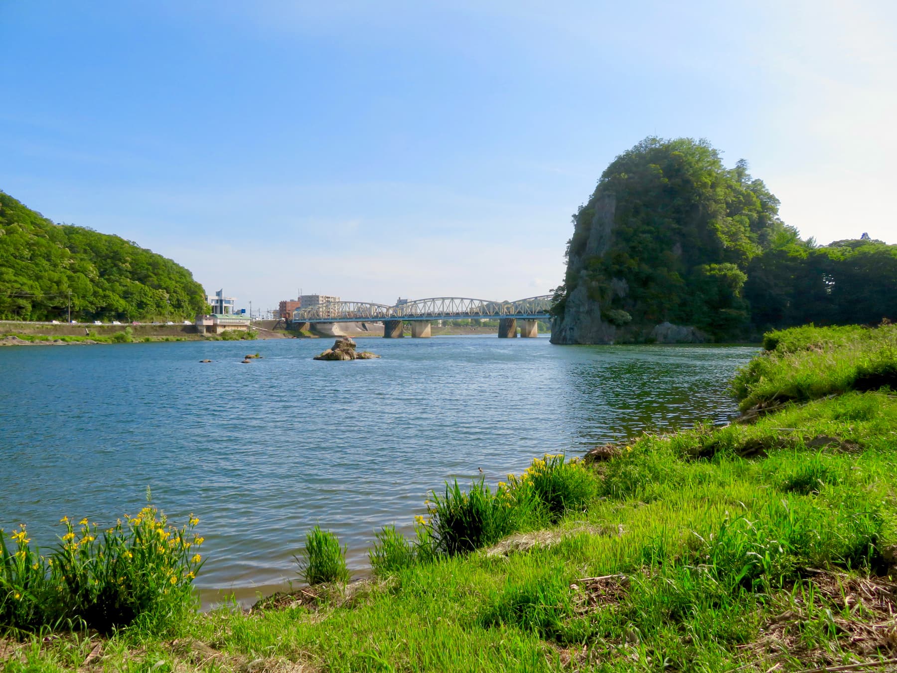 犬山桥：犬山桥：Wikimedia Commons 文件「Inuyama Bridge and Unuma Castle Ruins from Northeast side.jpg」中的桥梁实景。