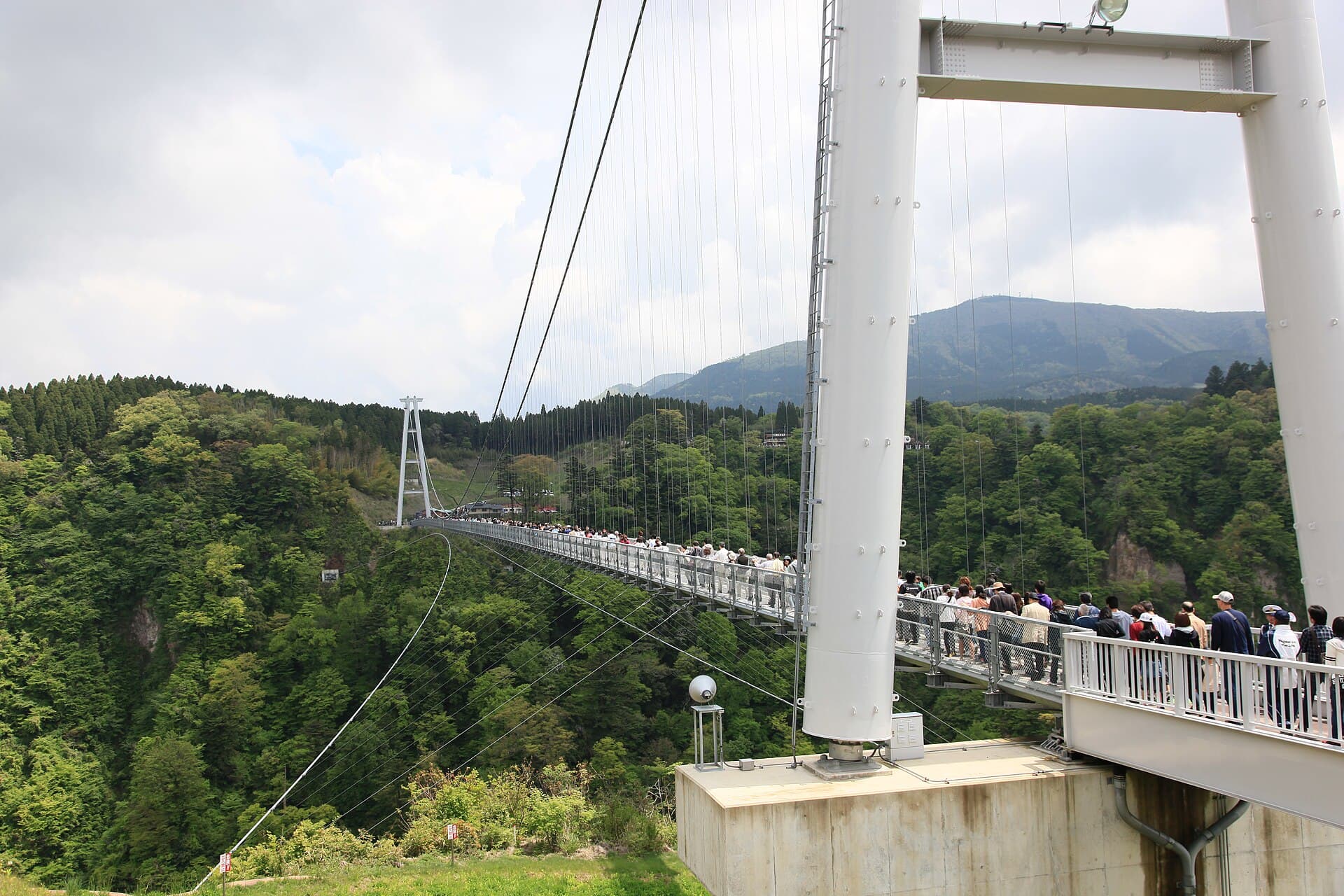 九重“梦”大吊桥：九重“梦”大吊桥：Wikimedia Commons 文件「Kokonoe Kuju Yume Suspension Bridge1.jpg」中的桥梁实景。