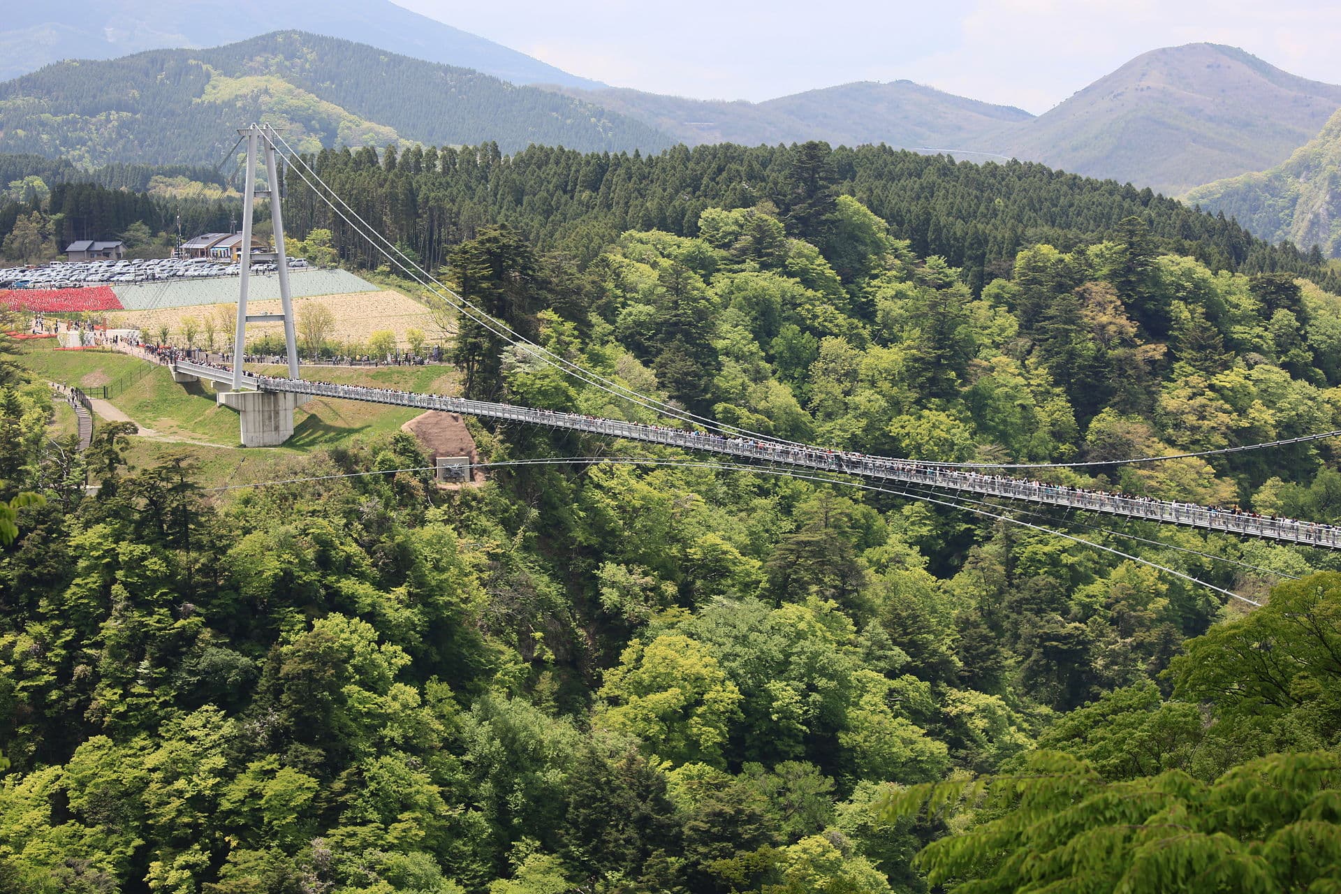 九重“梦”大吊桥：九重“梦”大吊桥：Wikimedia Commons 文件「Kokonoe Kuju Yume Suspension Bridge4.jpg」中的桥梁实景。