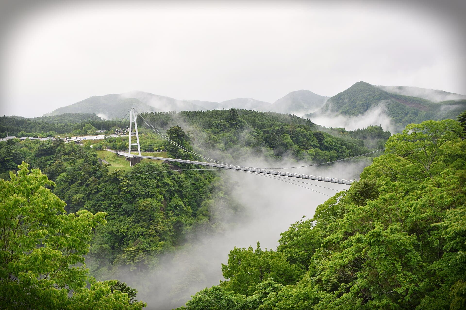 九重“梦”大吊桥：九重“梦”大吊桥：Wikimedia Commons 文件「Kokonoe Yume Suspension Bridge (52133305273).jpg」中的桥梁实景。