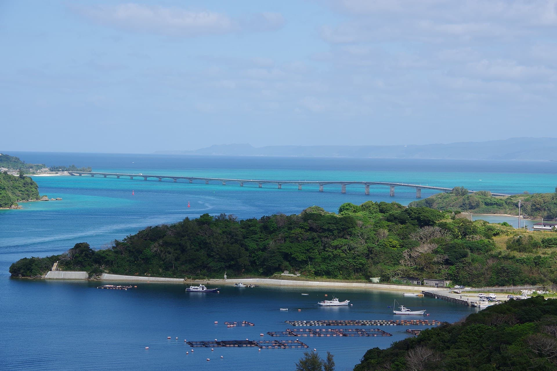 古宇利大桥：古宇利大桥：Wikimedia Commons 文件「Kouri Bridge seen from the DRIVE IN Rikarika-warumi 202302.jpg」中的桥梁实景。