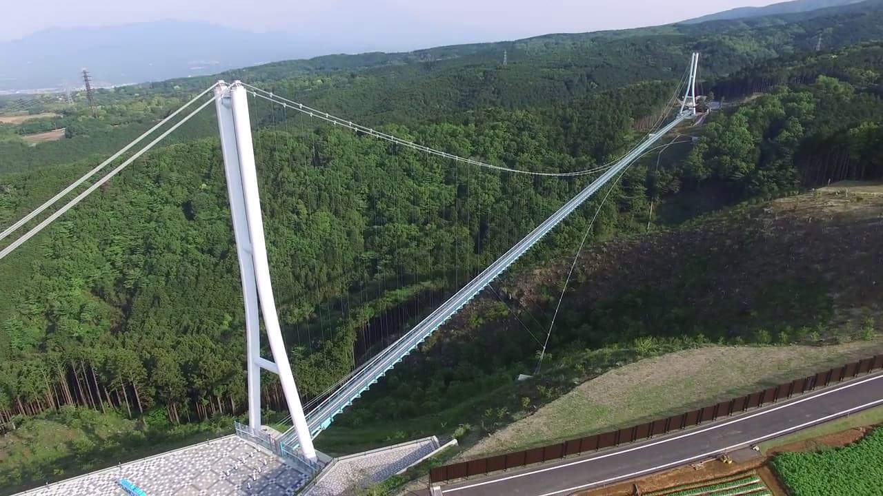 三岛大吊桥：三岛大吊桥：Wikimedia Commons 文件「Hakone Seiroku Mishima Suspension Bridge (Aerial).jpg」中的桥梁实景。