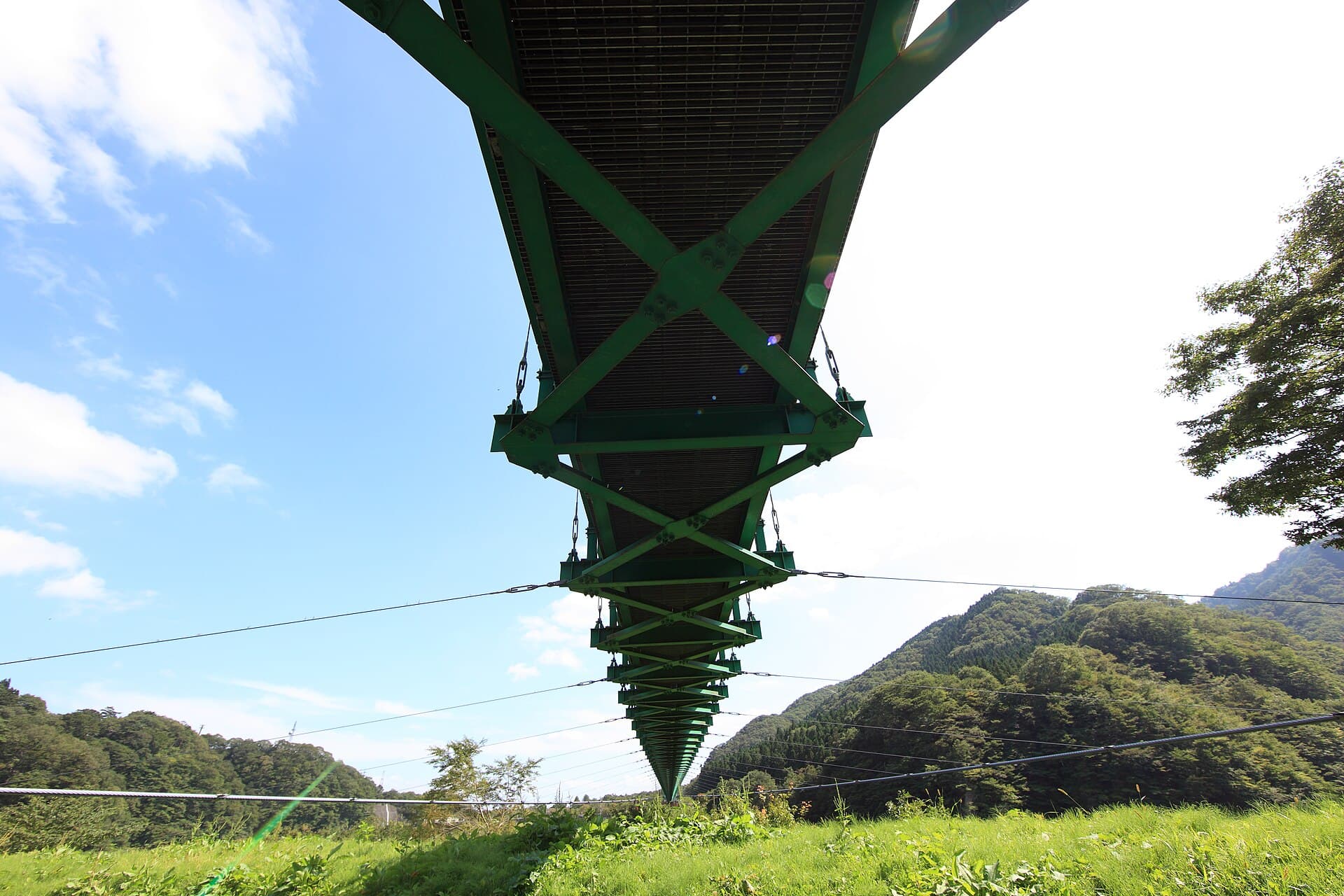红叶谷大吊桥：红叶谷大吊桥：Wikimedia Commons 文件「Momijidani Suspension Bridge 4.jpg」中的桥梁实景。