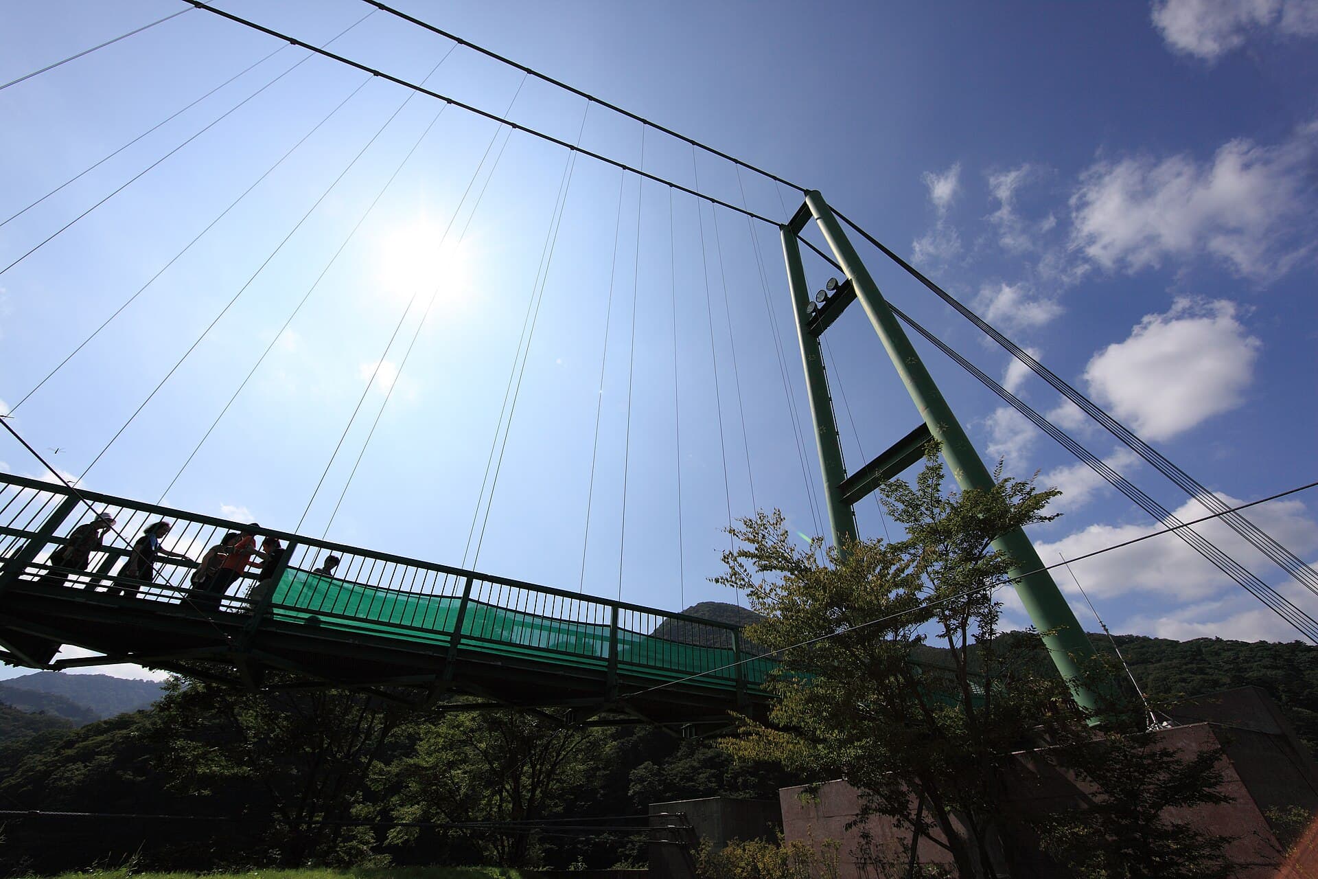 红叶谷大吊桥：红叶谷大吊桥：Wikimedia Commons 文件「Momijidani Suspension Bridge 2.jpg」中的桥梁实景。