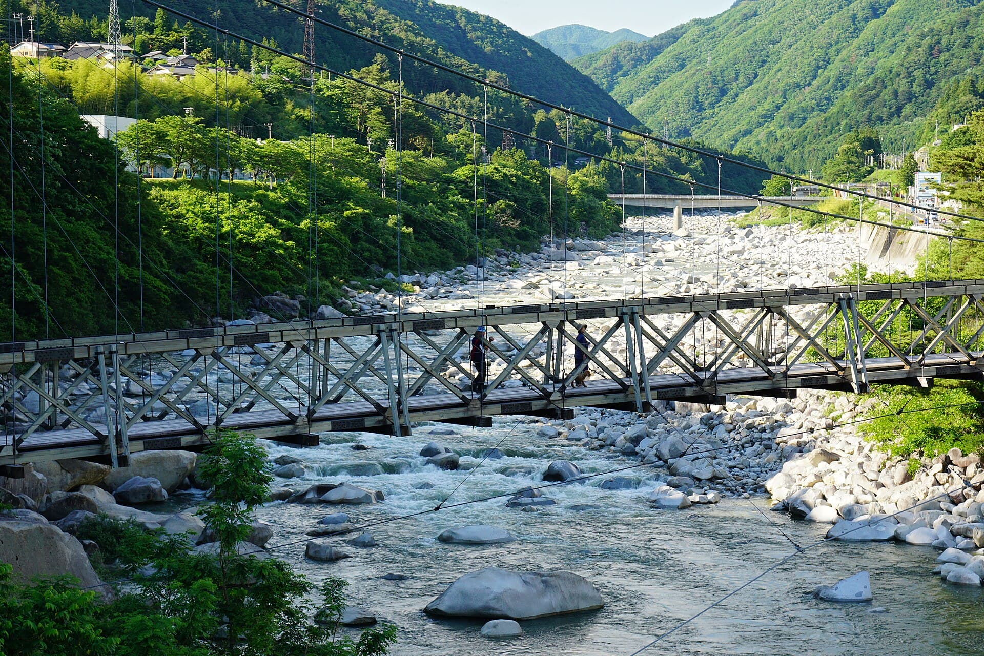 桃介桥：桃介桥：Wikimedia Commons 文件「150606 Momosuke Bridge Nagiso Nagano pref Japan05n.jpg」中的桥梁实景。