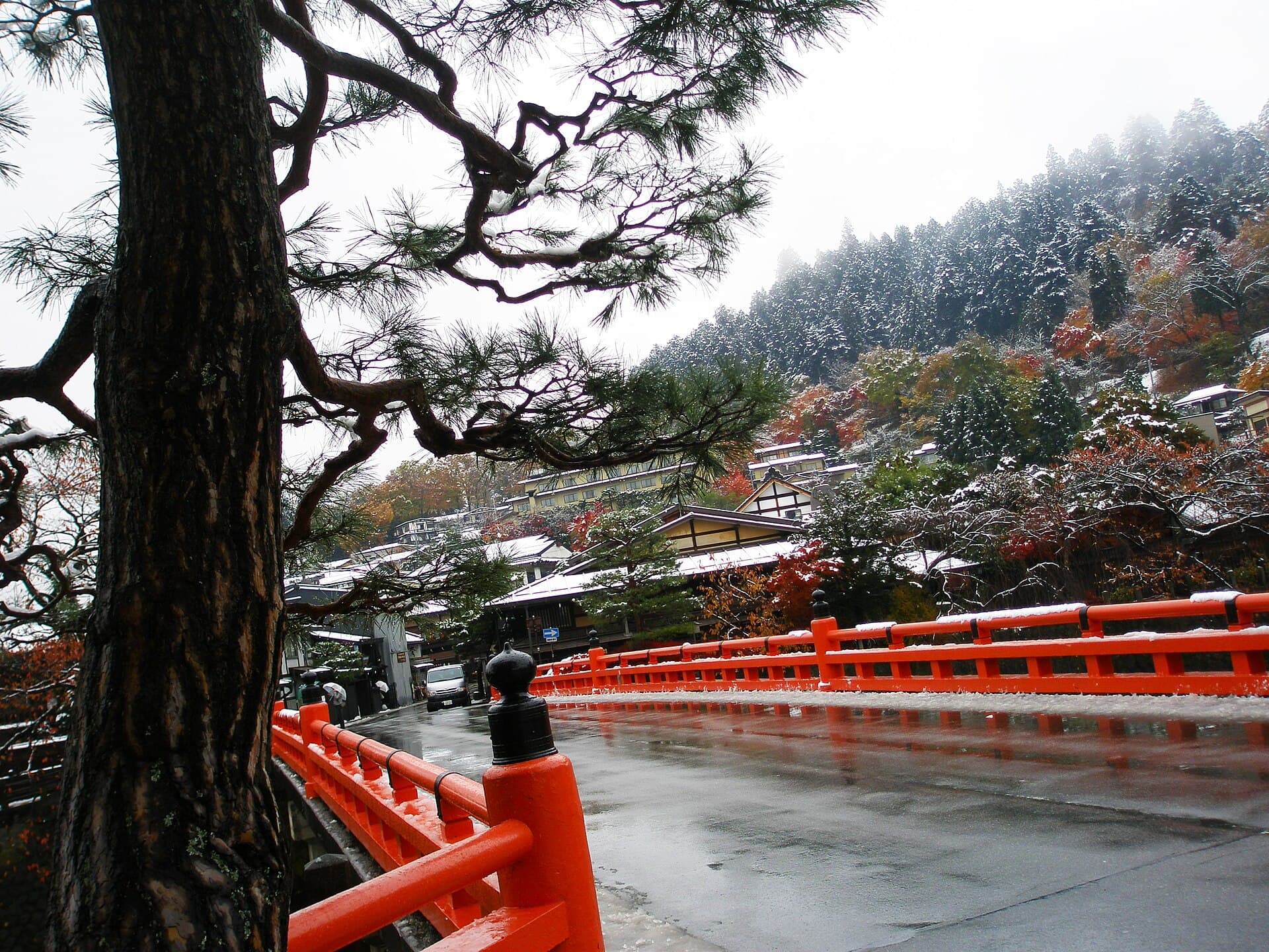高山中桥：高山中桥：Wikimedia Commons 文件「Nakabashi's Snowy Autumn.JPG」中的桥梁实景。