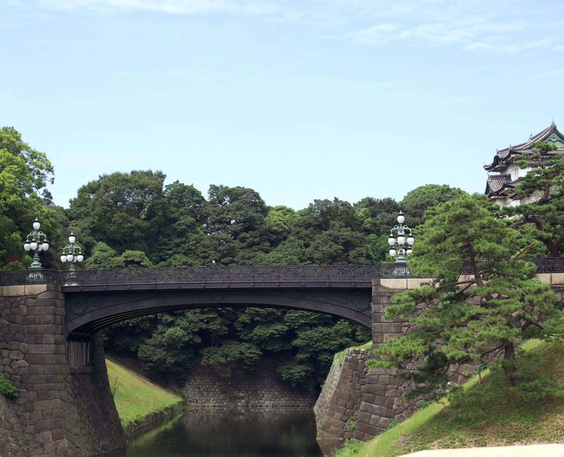 二重桥（正门石桥与正门铁桥）：二重桥（正门石桥与正门铁桥）：Wikimedia Commons 文件「Nijuubashi2.jpg」中的桥梁实景。