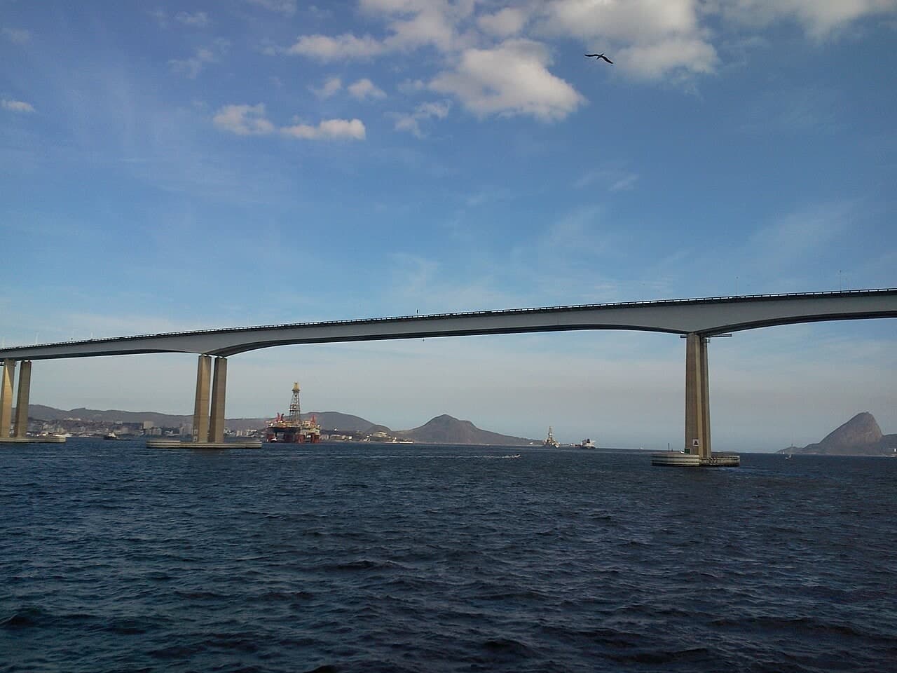 里约—尼泰罗伊大桥：主通航孔侧景，中央跨、桥墩和水上船舶同框。