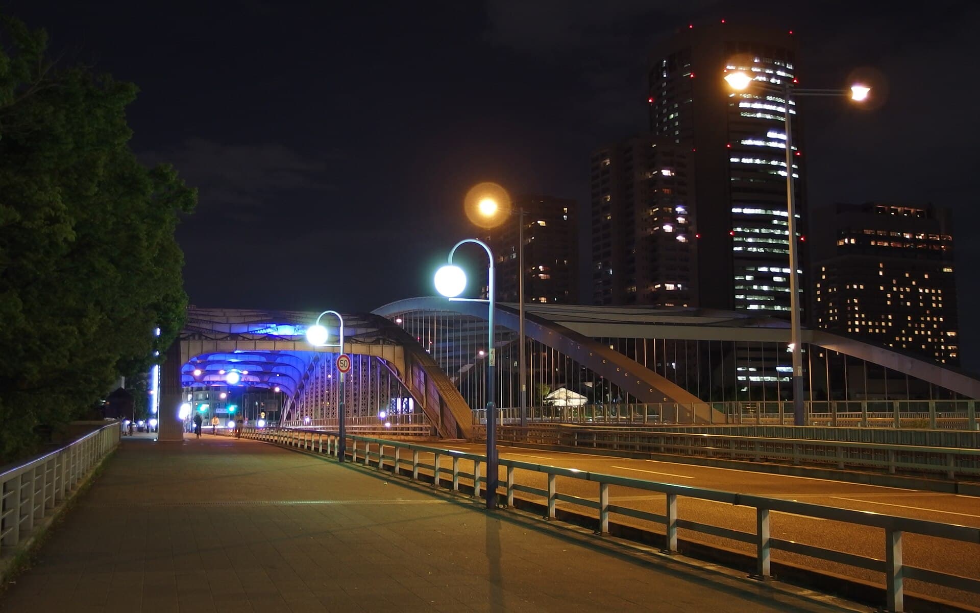 樱宫桥（银桥）：樱宫桥（银桥）：Wikimedia Commons 文件「Sakuranomiya Bridge at Night in 201408.JPG」中的桥梁实景。