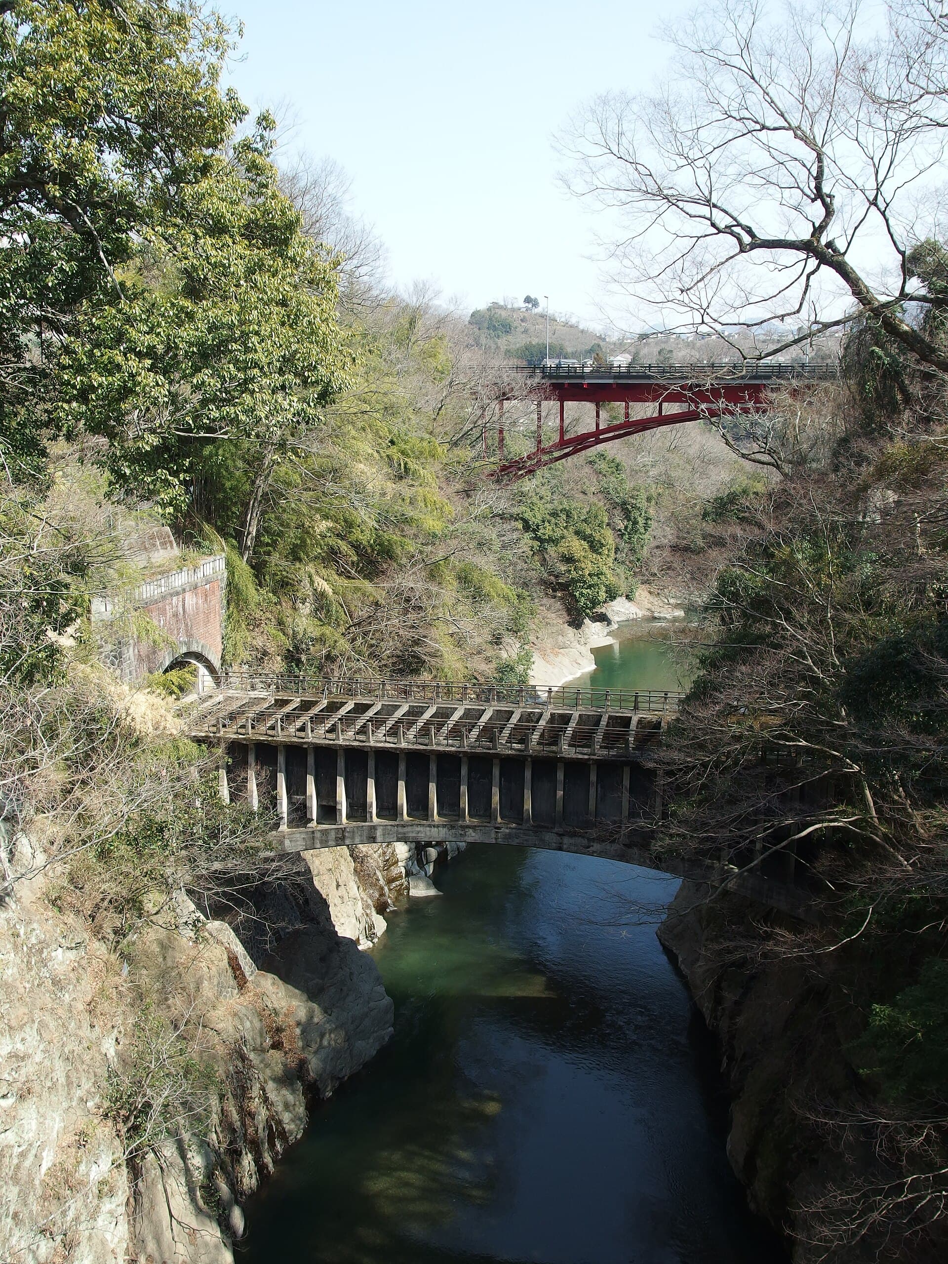猿桥：猿桥：Wikimedia Commons 文件「Saruhashi Bridge @ Hike to Mount Ougiyama & Mount Momokurasan @ Yamanashi Prefecture (13469683843).jpg」中的桥梁实景。