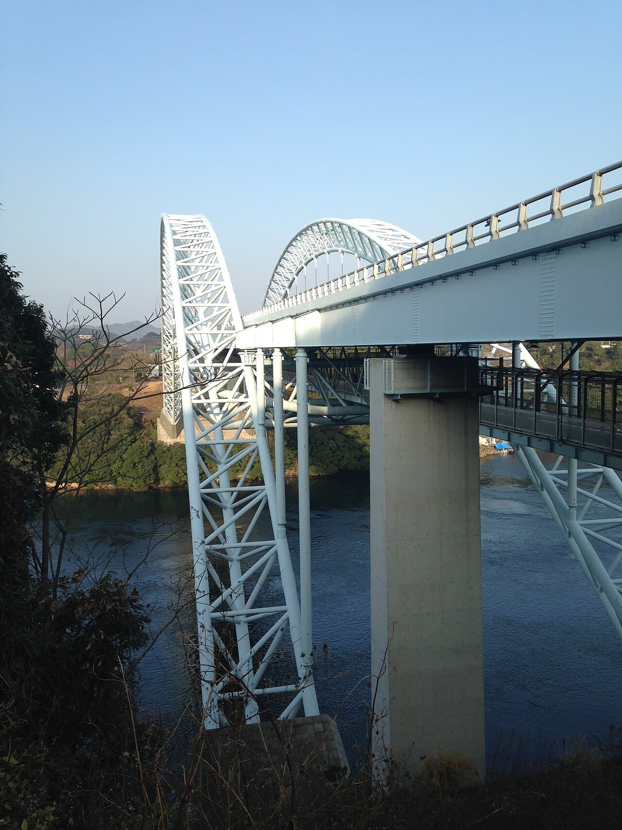 新西海桥：新西海桥：Wikimedia Commons 文件「Shin-Saikaibashi Bridge from the side of Saikai, Nagasaki.jpg」中的桥梁实景。
