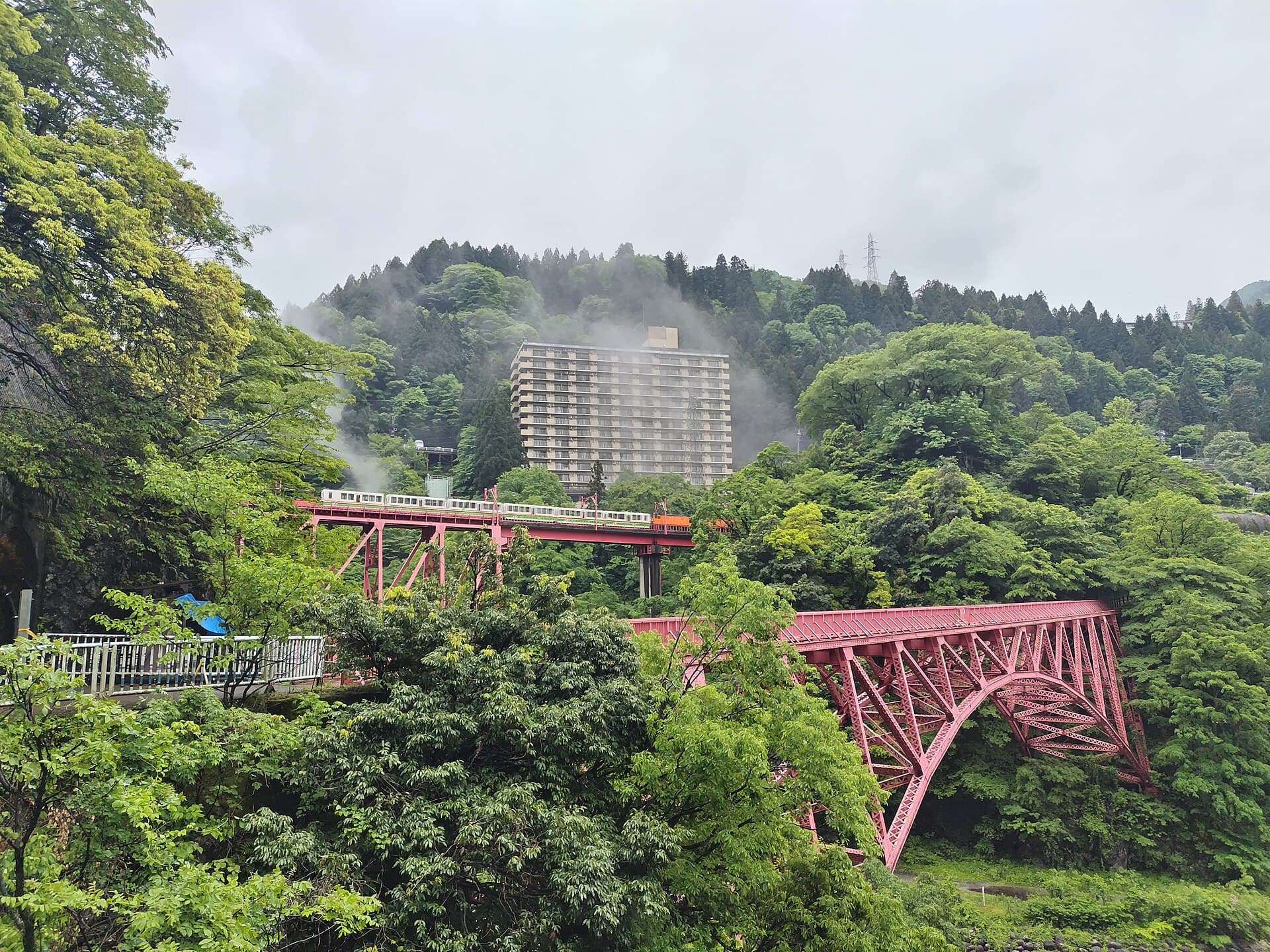 新山彦桥：新山彦桥：Wikimedia Commons 文件「Yamabiko Bridge and Shin-Yamabiko Bridge 02.jpg」中的桥梁实景。