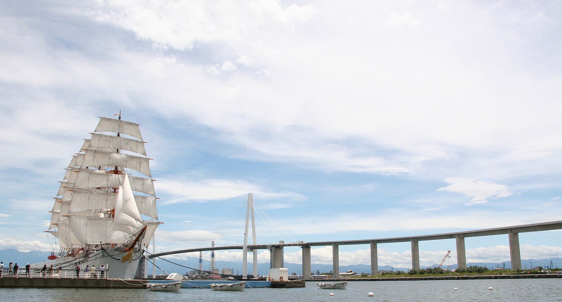 新湊大桥：新湊大桥：Wikimedia Commons 文件「Kaiwo Maru and Shinminato Bridge.jpg」中的桥梁实景。