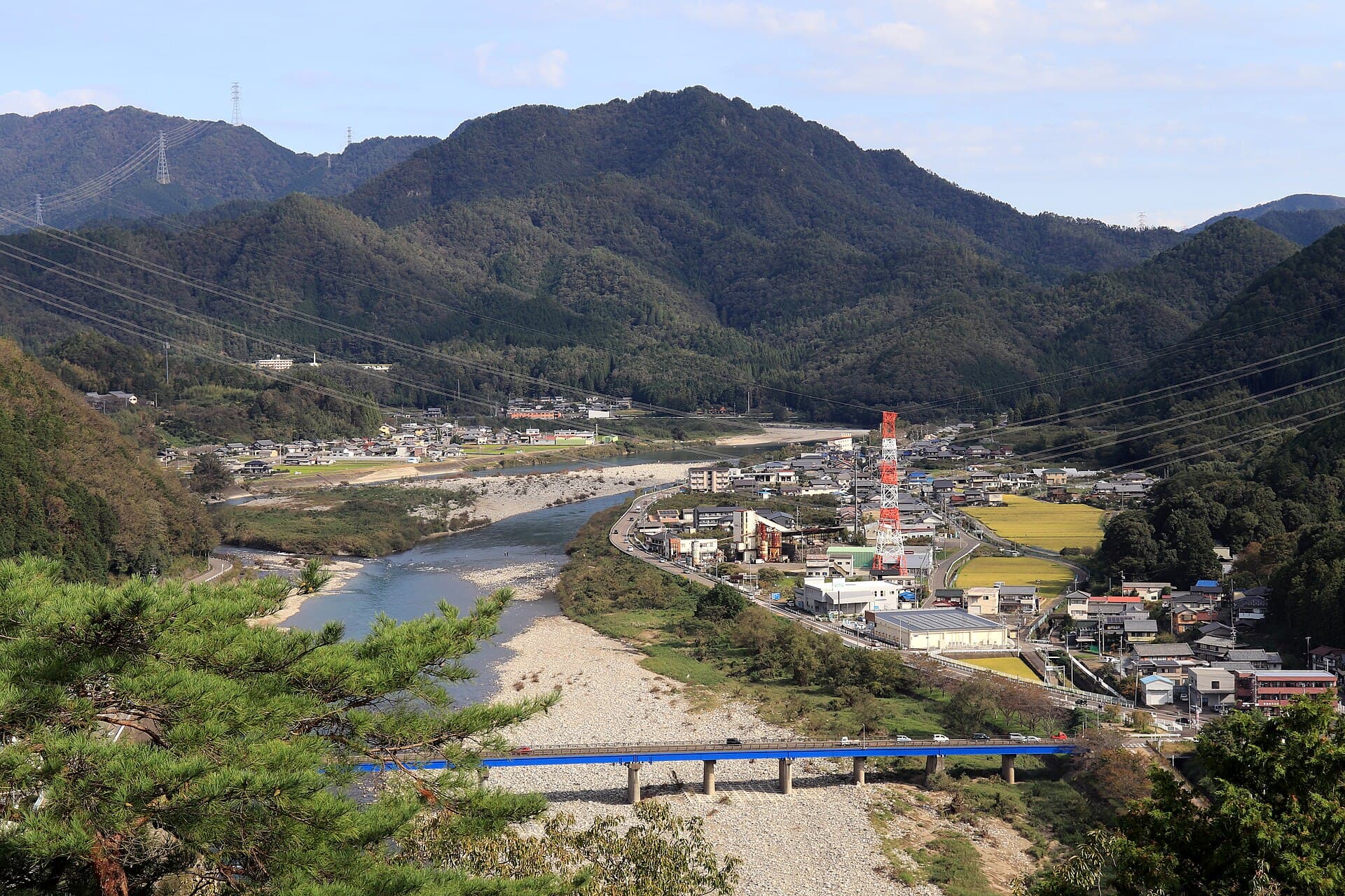 新美浓桥：新美浓桥：Wikimedia Commons 文件「Shinmino Bridge from Mount Ogura (2018-10-13).jpg」中的桥梁实景。