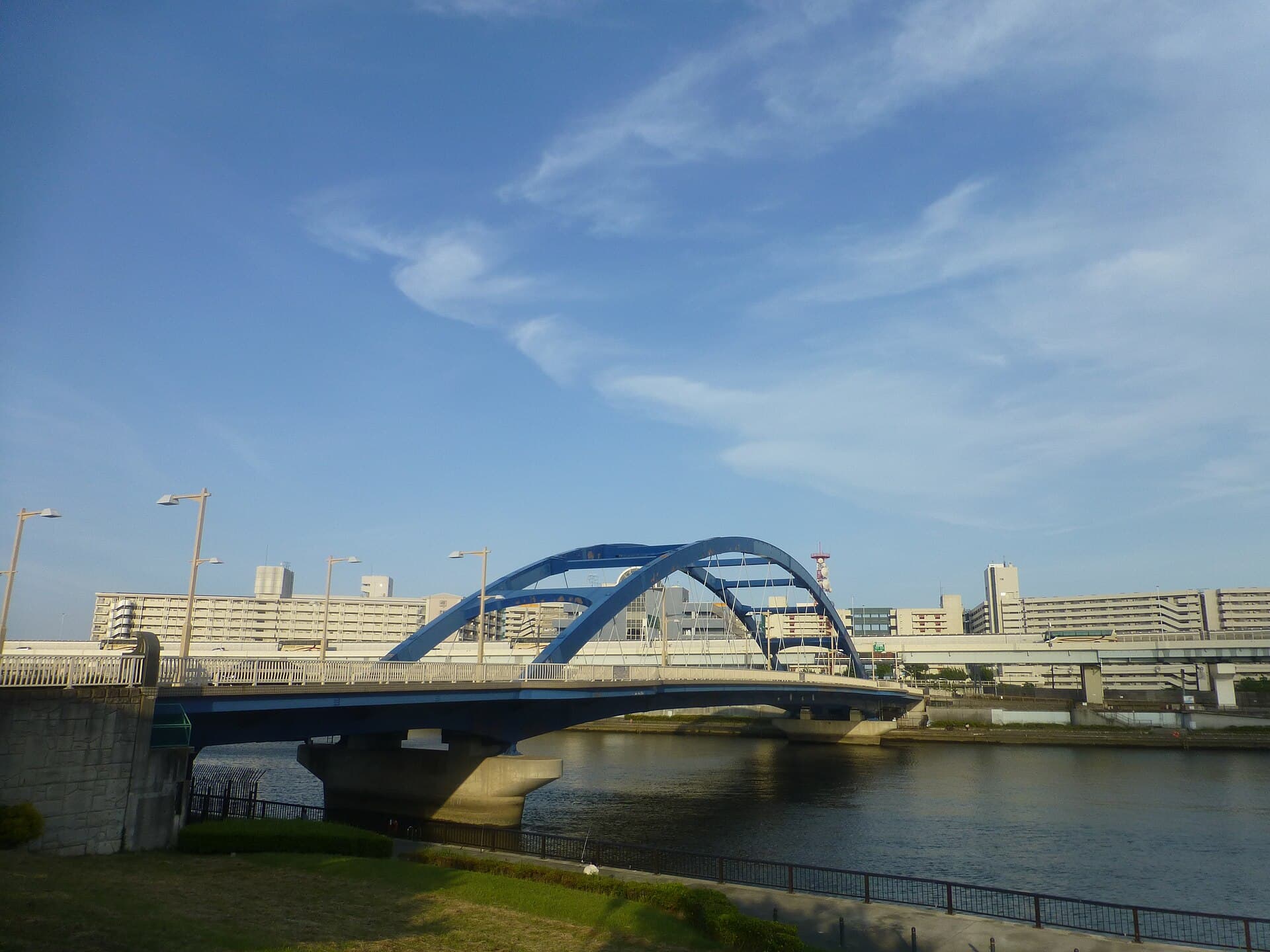 水神大桥：水神大桥：Wikimedia Commons 文件「Suijin Ohashi - view away from skytree - may 15 2016.jpg」中的桥梁实景。