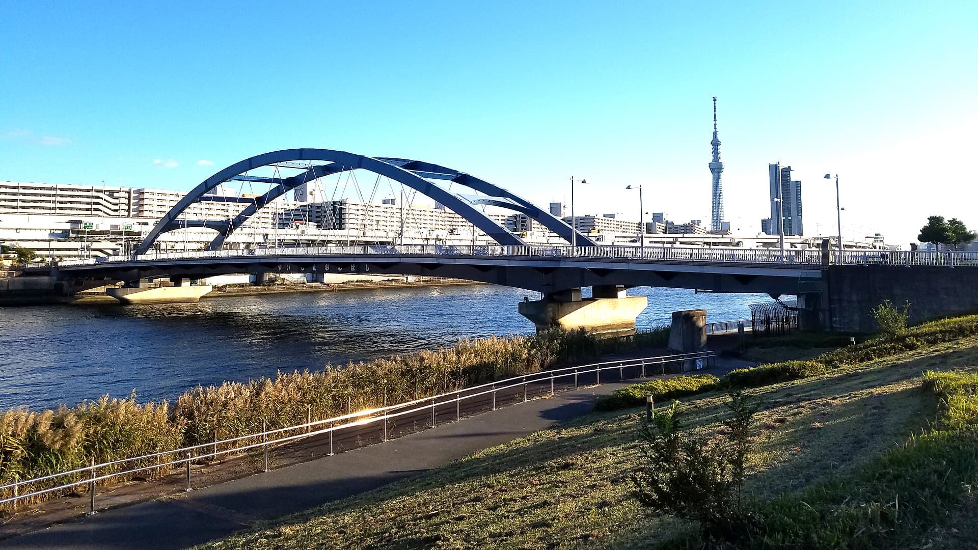 水神大桥：水神大桥：Wikimedia Commons 文件「Suijin ohashi bridge Arakawa city Tokyo Japan 20211029 154125.jpg」中的桥梁实景。