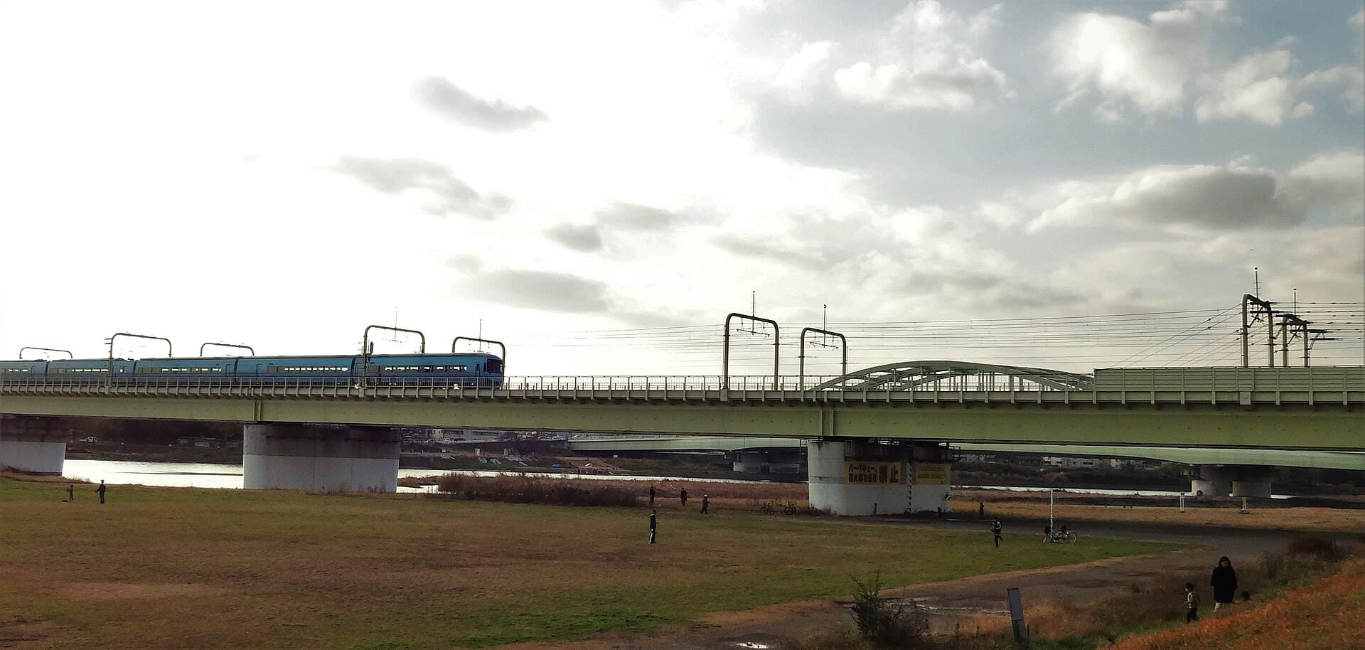 小田急多摩川桥梁：小田急多摩川桥梁：Wikimedia Commons 文件「Train approaching a station above the Tama River separating Tokyo and Yokohama (Japan).jpg」中的桥梁实景。