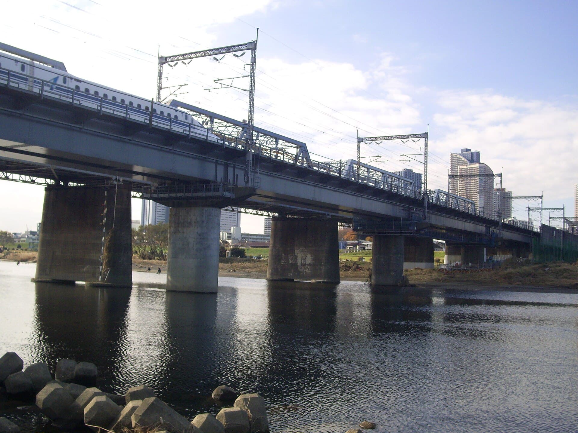 东海道新干线多摩川桥梁：东海道新干线多摩川桥梁：Wikimedia Commons 文件「Tokaido Shinkansen Tamagawa Bridge 01.jpg」中的桥梁实景。