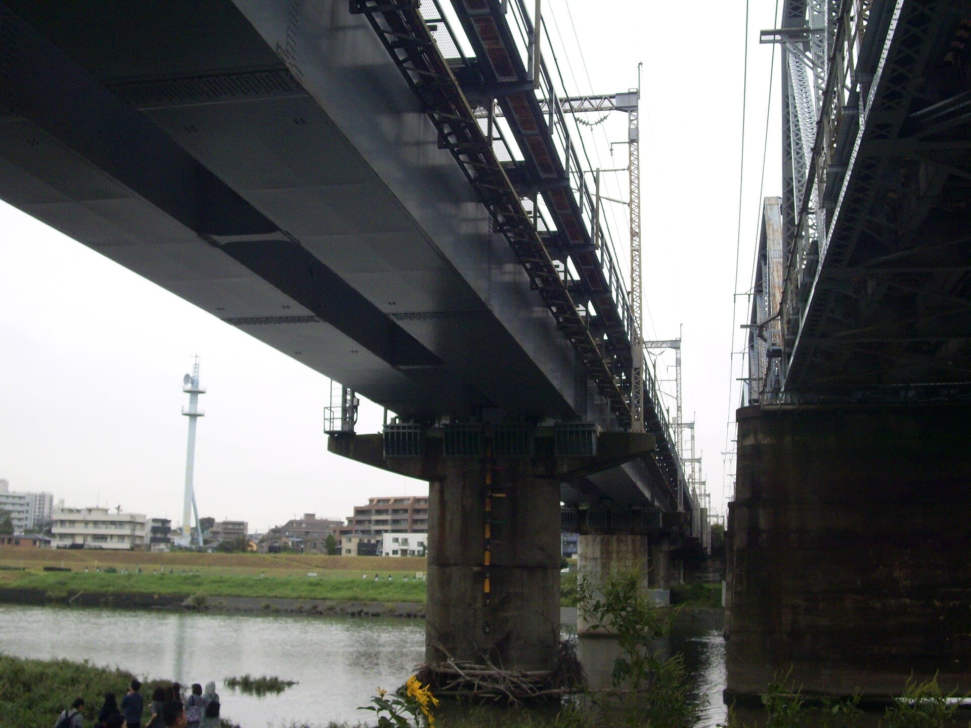 东海道新干线多摩川桥梁：东海道新干线多摩川桥梁：Wikimedia Commons 文件「Shinkansen Tamagawa bridge view from Kawasaki side 02.jpg」中的桥梁实景。