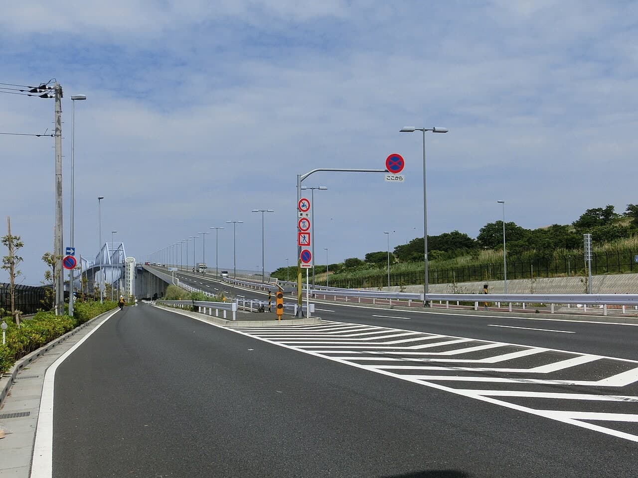 东京门桥：从中央防波堤外侧填海地拍摄的东京门桥入口、引道与主桥连接。