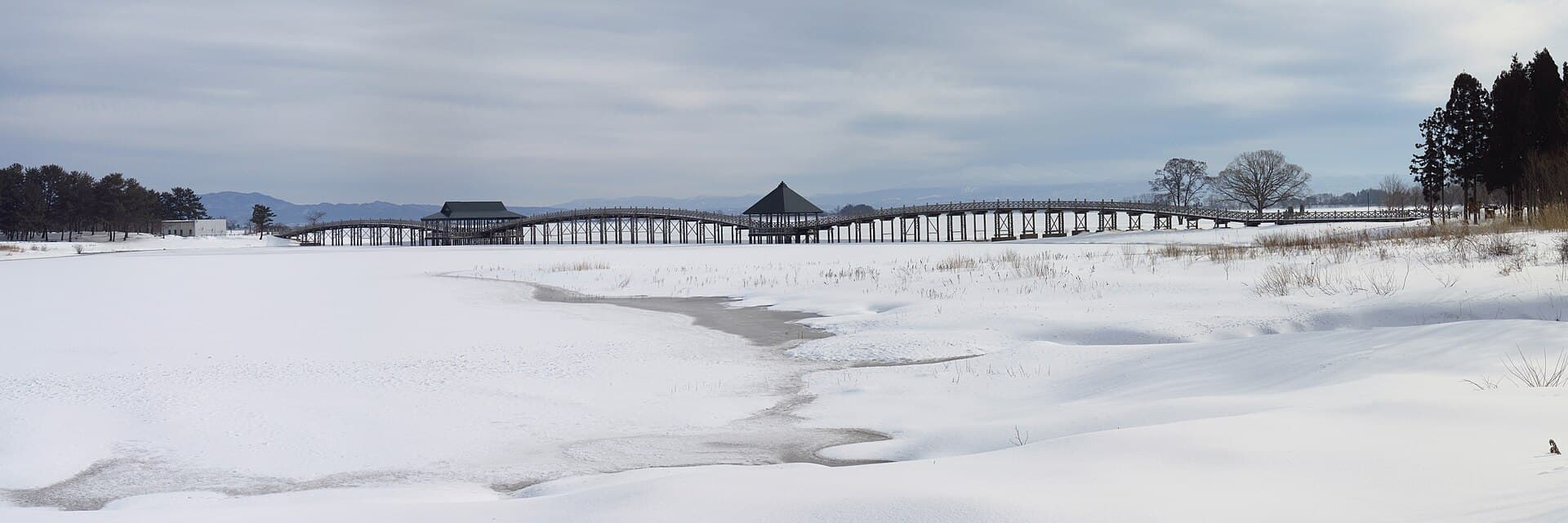 鹤之舞桥：鹤之舞桥：Wikimedia Commons 文件「Mawarizeki Ootameike TsuruNoMaihashi IMG 6627x12 stitch.jpg」中的桥梁实景。