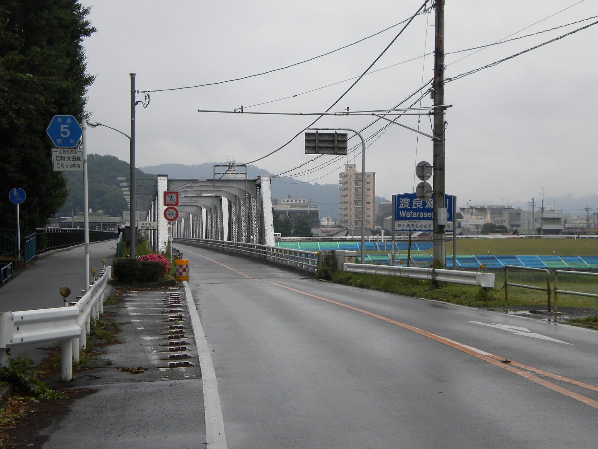 足利渡良濑桥：足利渡良濑桥：Wikimedia Commons 文件「Tochigi prefectural road No.5 on Ashikaga city.jpg」中的桥梁实景。