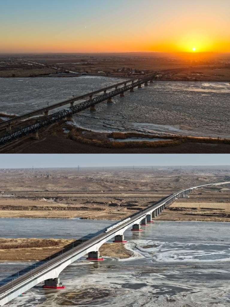 三盛公黄河铁路特大桥一号桥：拼版照片上幅：2026年2月11日拍摄的包兰铁路三盛公黄河铁路特大桥（无人机照片，新华社原图注）